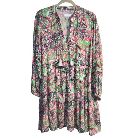 Stella Parker Collection Floral Tiered Tassel Dress Pink Green Navy Rayon Size L - Picture 6 of 6